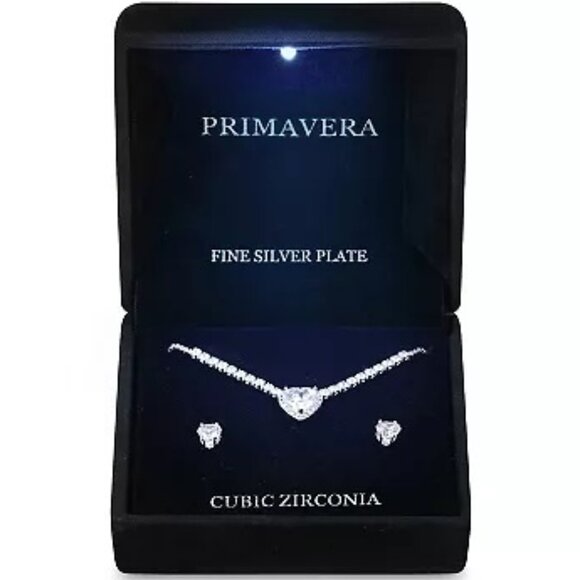 PRIMAVERA 2pc Romantic Heart Silver Plated CZ Necklace + Heart Earrings Set**NEW - Picture 3 of 3